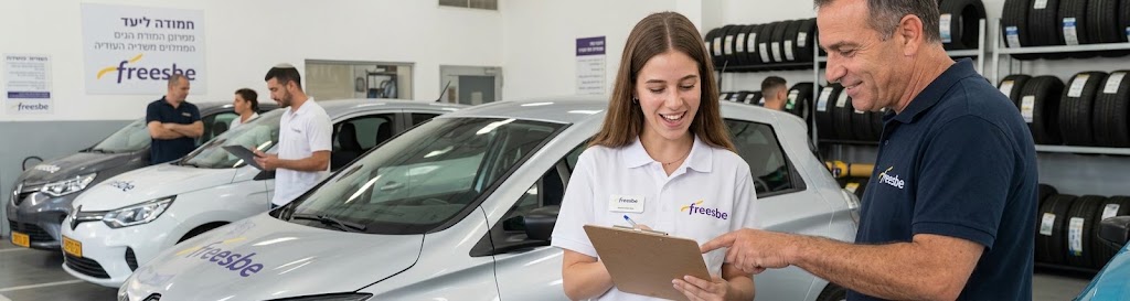 צוות freesbe באולם תצוגה: עובדת חדשה ממלאת טופס לצד עובד ותיק